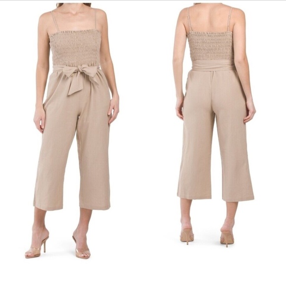 House of Harlow Linen Blend Jumpsuit Brown Sleeveless Cropped Smocked Top Sz XS - Picture 2 of 11